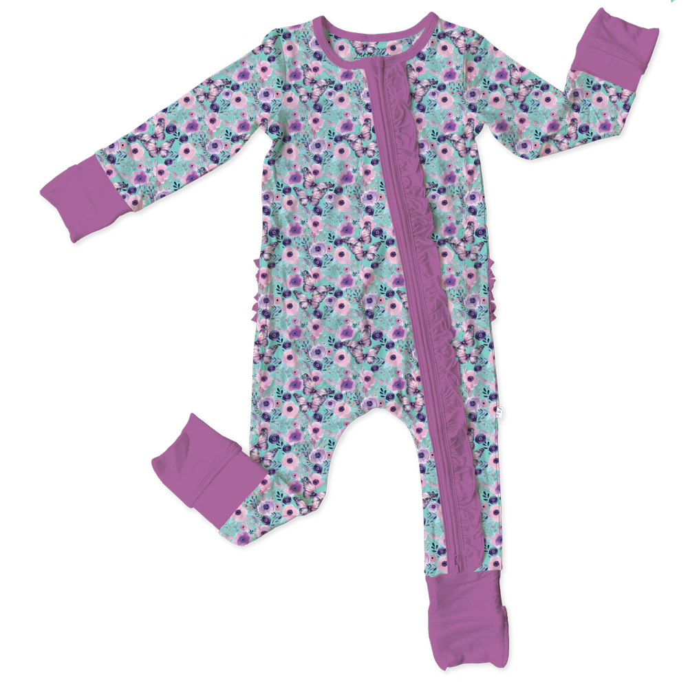 Jade Twin Butterflies Bamboo Ruffle Convertible Footie